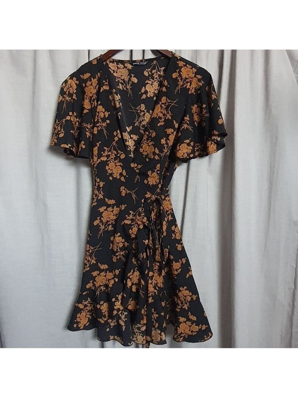 Floral Wrap Dress in Black and Golden Orange Size M